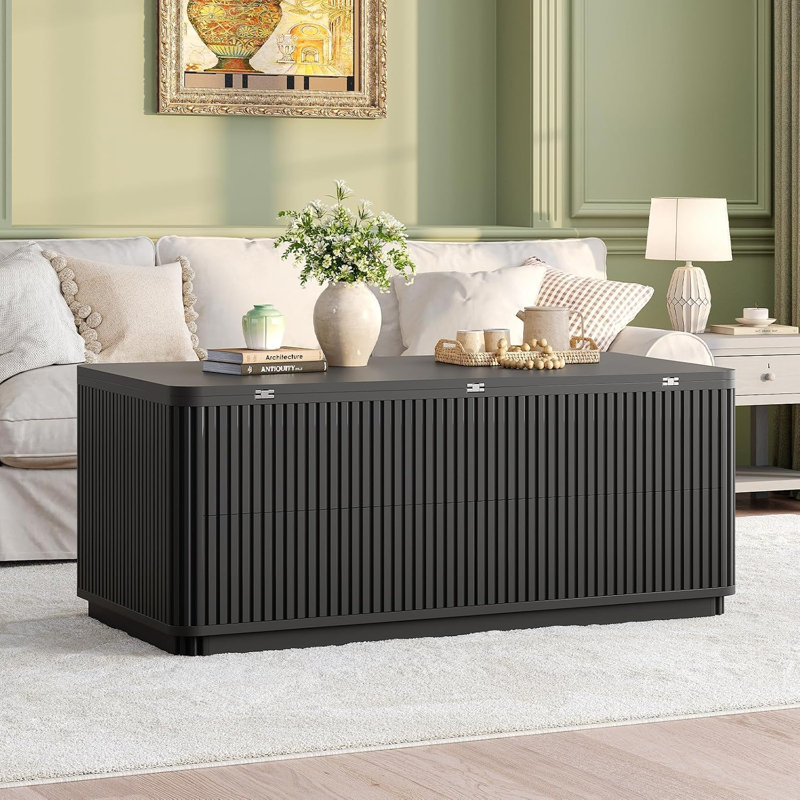 Table basse à plateau relevable avec 2 tiroirs et rangement caché, table à cannelures moderne de style Mid-Century 4 en 1, noir