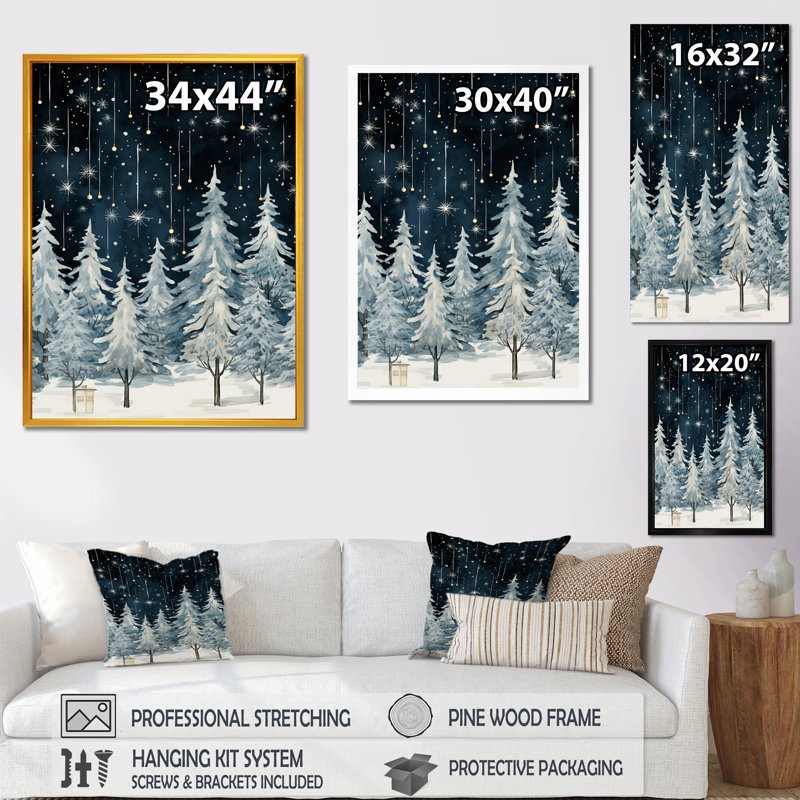«Winter Pine Tree Starry Night Sky I», reproduction sur toile encadrée, H 40 po x l 30 po x P 1,5 po, Cadre photo noir simple