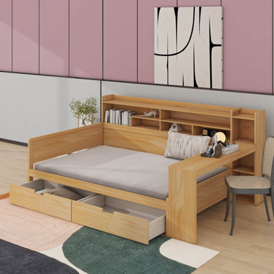 Lit de jour double avec tablettes de rangement, lit multifonctionnel avec deux tiroirs de rangement et bureau d'étude