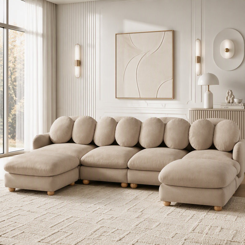 Canapé modulaire modulaire avec revêtement en chenille et repose-pieds mobile, Chenille brun clair
