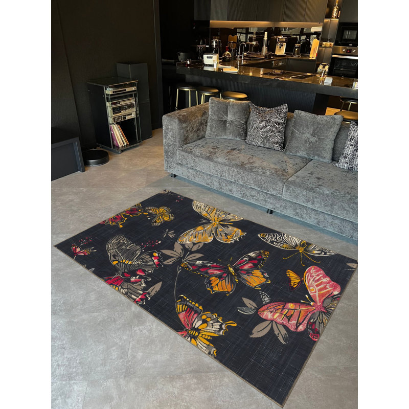 Tapis décoratif moderne à motif de papillons anthracite foncé Paris Collection, Rectangle 3 pi 11,24 po x 5 pi 10,87 po
