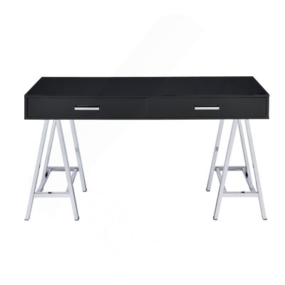 2 Drawers Writing Desk With Metal Base, Black High Gloss And Chrome