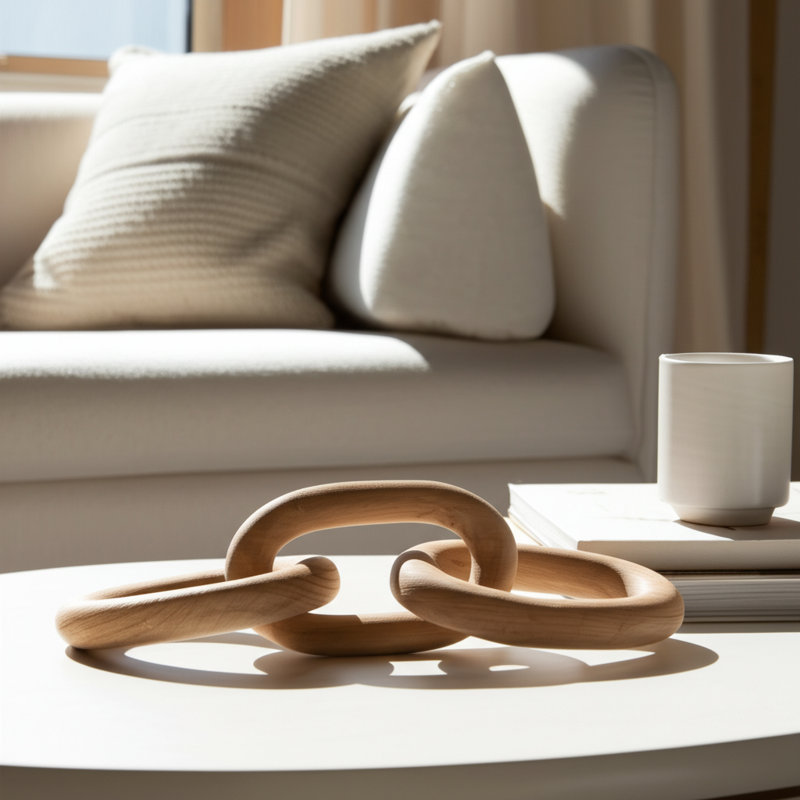 Decorative Object Paulownia Wood Sculptural Interlocking Chain Link Design Modern Accent Piece with Abstract Organic Form Stylish Home Decor Element for Contemporary Artistic Display.
