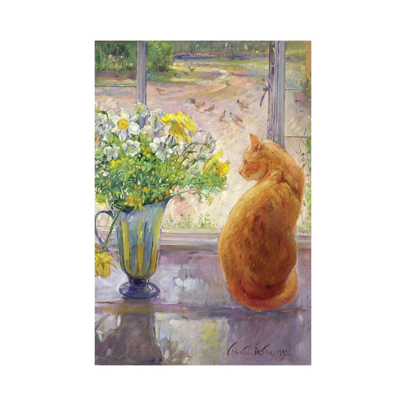 Striped Jug With Spring Flowers by Timothy Easton - Painting on Canvas, 30.48 cm H x 45.72 cm W, Wrapped Canvas