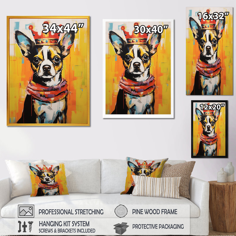 Royal Boston Terrier - art mural chien, H 40 po x l 30 po x P 1,5 po, Cadre doré simple