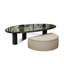 Ensemble de table basse luxueuse en marbre ovale avec repose-pieds de rangement, table de salon moderne avec plateau en marbre, placage en noyer noir et structure en acier inoxydable