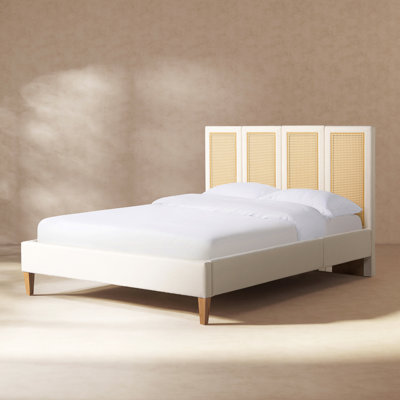 Capri Extended Headboard Cane Platform Bed, Antique White Polyester
