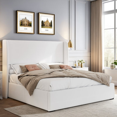 Upholstered Lift-Up Storage Bed with Wingback Headboard