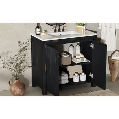 Meuble-lavabo de 36 pouces avec lavabo, conception rétro, fonction en bois massif et fermeture en douceur, organisateur de poignées cachées, armoire rétro en céramique, charnières, dissimulé