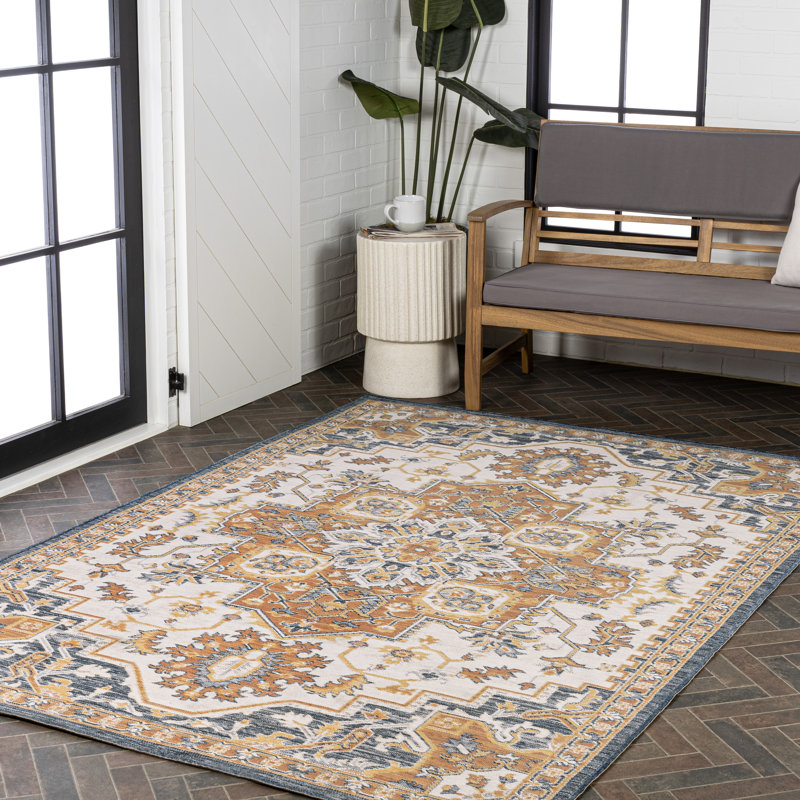 Bijan Traditional Vintage Medallion Reversible Machine-Washable Terra/Blue/Cream Indoor/Outdoor Rug, Rectangle 5'3" x 7'7"