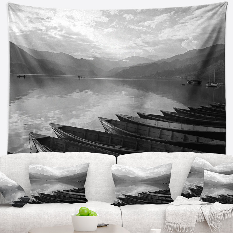 Bateaux tapissés sur la tapisserie du lac Pokhara, H 32 po x l 39 po