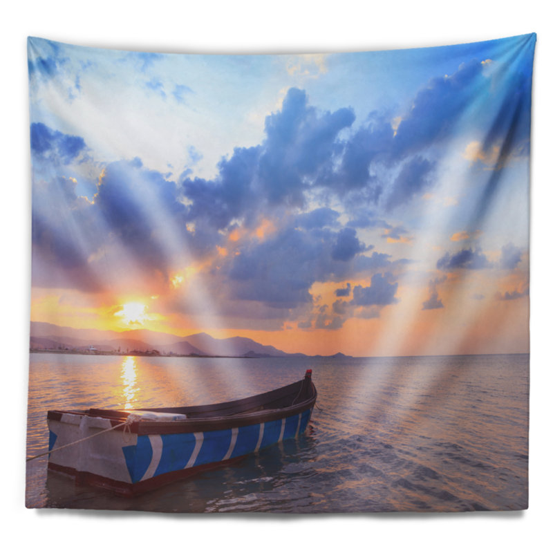 Petits pêcheurs de mer au coucher de soleil tapisserie, H 50 po x l 60 po