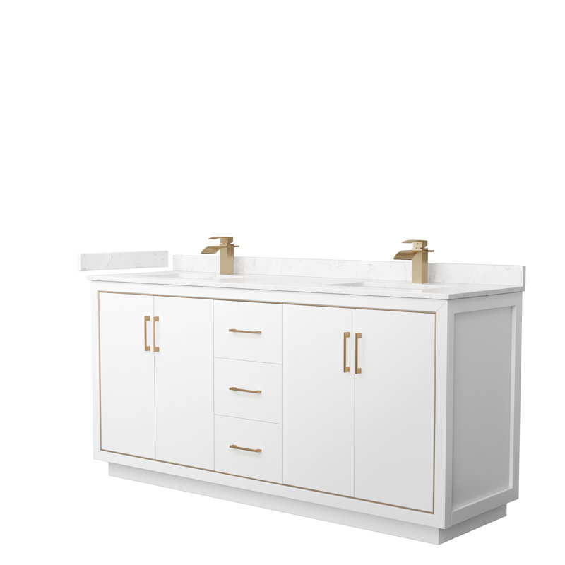 Icon 72" Double Bathroom Vanity Set, Satin Bronze, White, Carrara