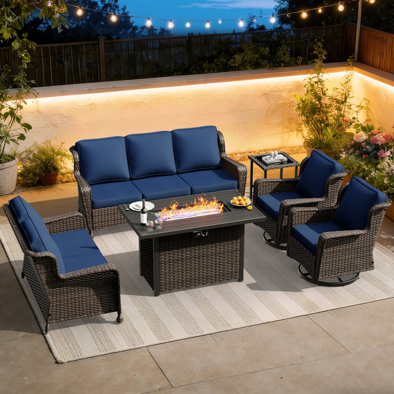 7-Person Outdoor Patio Conversation Rattan Seating Group With 2-In-1 Propane Fire Pit Table,2 Swivel Chairs and Blue Cushions