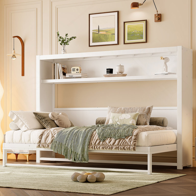 Lit escamotable simple avec tablettes, lit escamotable en métal au design pliable et peu encombrant, blanc