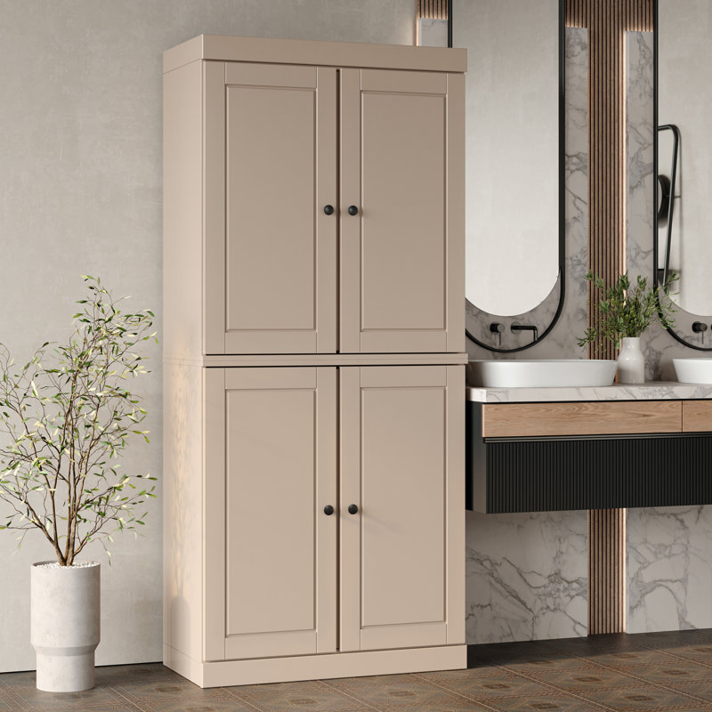 32" W x 71.5" H 100% Solid Wood Freestanding Bathroom Linen Cabinet with Doors, 2 Drawers & Adjustable Shelves – Modular Storage Organizer