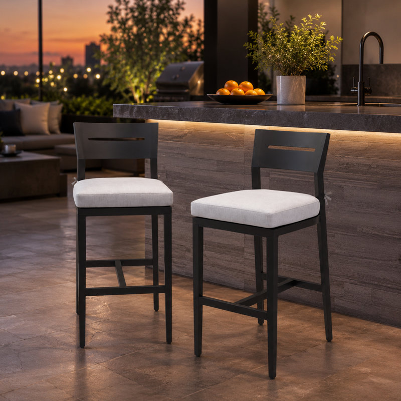 Ensemble de tabourets de bar d'extérieur modernes 2 pièces avec coussins Sunbrella VESano, structure en aluminium résistant à la rouille, dossier et repose-pieds ergonomiques
