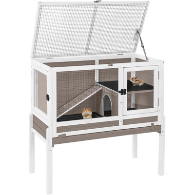 Wooden Guinea Pig Cages Indoor with Removable Stand, Anti Chewing Rabbit Hutch with Ramp and Wire Mesh, 2 Storey Small Animals House Habitat with Pull Out Tray, Brown