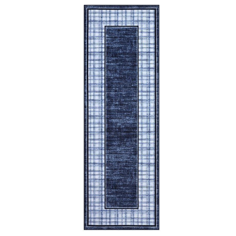 Modern Plaid Machine Washable Rug with Non-Slip Backing, Foldable Low Pile Floor Cover, Contemporary Bordered Indoor Mat for Bedroom, Living Room