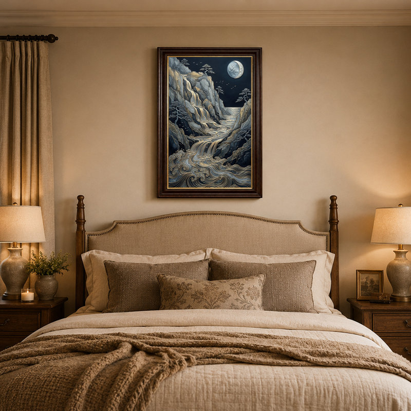 " Gold And Grey Mountain Waterfall Under Crescent Moon " Painting Print, H 24 po x l 16 po