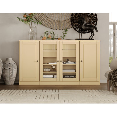 100% Solid Wood 65" Sideboard with Solid, Clear Glass Doors, 2-Drawers and Adjustable Shelves