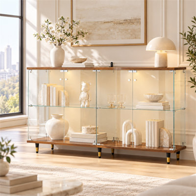 63" W Walnut Top Glass Display Cabinet with 4 Doors & App-Controlled LED