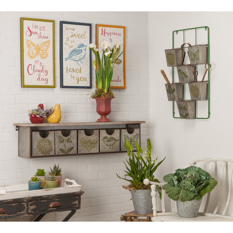 Wood and Metal Wall Organizer with Five Drawers Decorated with Green Tow Tone Linocut Designs
