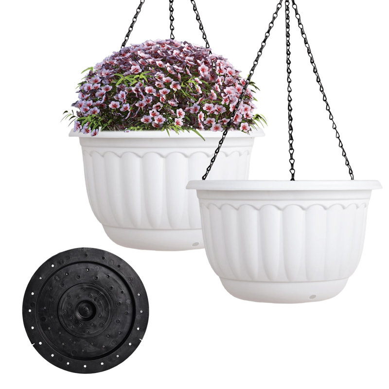 Lot de 2 pots de fleurs suspendus en plastique avec trou de drainage et soucoupe, style panier suspendu, pour la décoration de porche, terrasse ou balcon.
