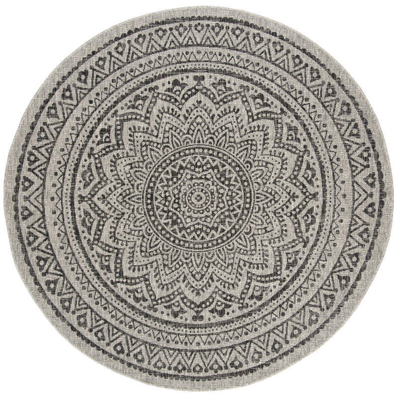 Tapis d'intérieur / extérieur à motif floral gris clair / noir Arneshia, Rond 9 pi