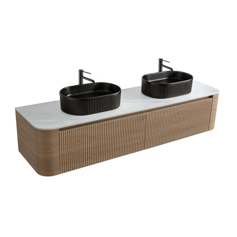 Meuble-lavabo pré-assemblé avec lavabos ovales en céramique rayée, porte-serviettes latéral, Chêne miel, 72 po, Noir