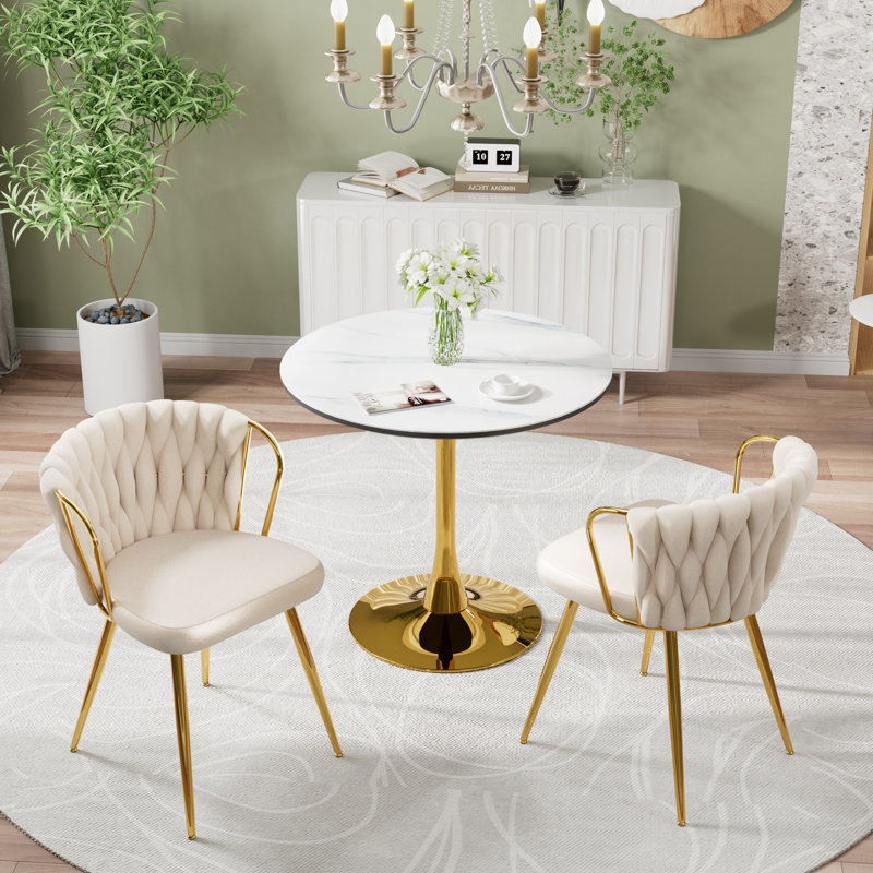 Marble Top Pedestal Dining Set, 3, Beige/Gold