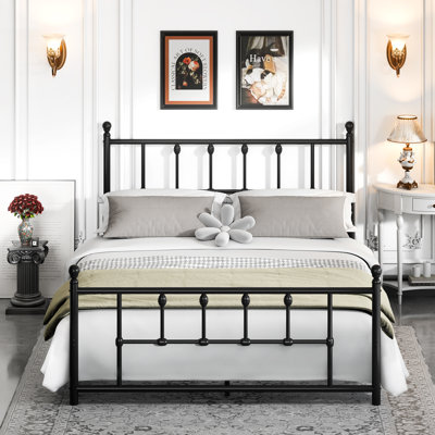 Queen 14 Inch Victorian Vintage Metal Platform Bed Frame, Headboard Footboard, Underbed Storage, Black - No Box Spring Needed