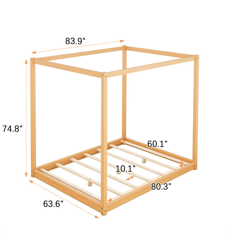 Grand lit à baldaquin avec pieds de soutien, finition naturelle - construction, aéré sous le lit, point focal de la chambre à coucher, plate-forme d'installation simple teinte pin et qualité, espace sous le lit frais, fraîcheur du matelas,