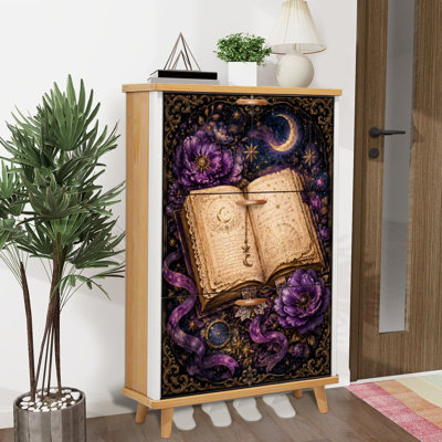 Shoe Storage Cabinet with 3 Flip Drawers for Vintage Open Book Purple Flowers Starry Cosmic Shoe Rack Storage Organizer