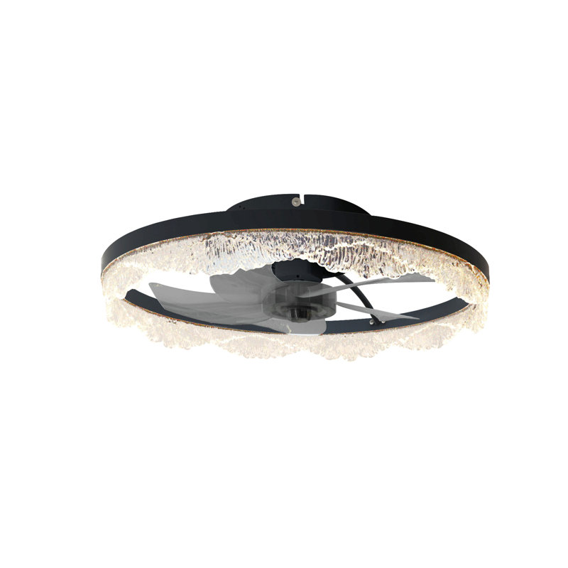 Ventilateur de plafond décoratif à DEL décoratif encastré avec anneau en acrylique, pales cachées, télécommande et lumière à intensité variable pour les maisons élégantes