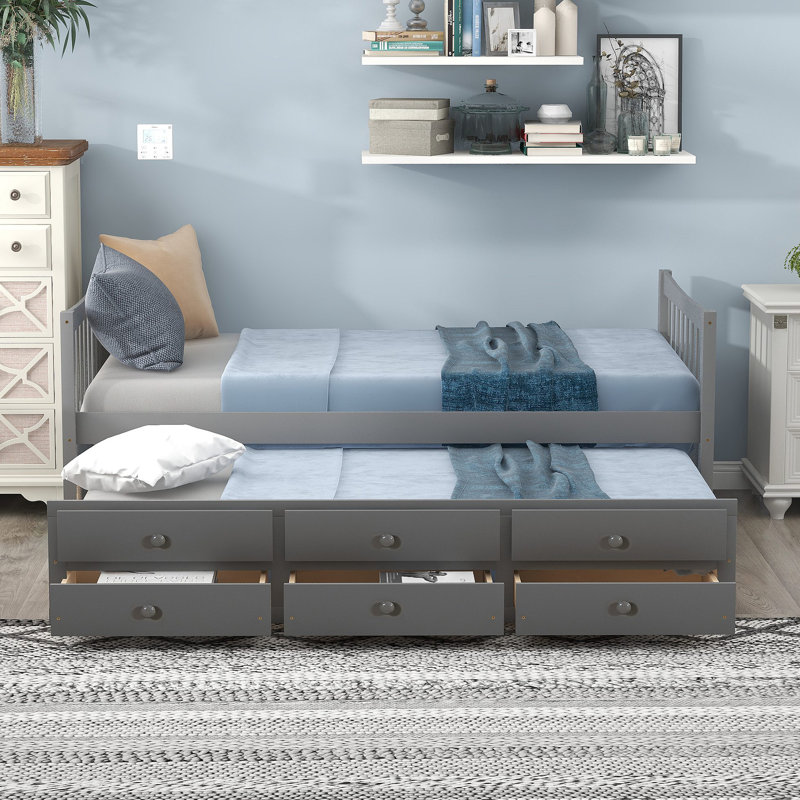 Lit de jour avec couchette et tiroirs, Gris, Lit simple