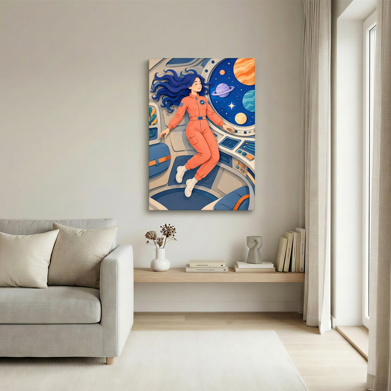 Astronaut In Orange Suit Floating In Spaceship Planets Canvas Wall Art, 18"H x 12"W