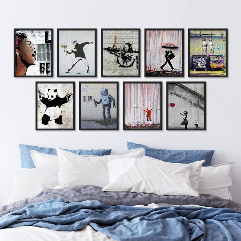 Banksy, peinture en aérosol, variété, graffiti et art urbain, 9 pièces, Noir, H 10 po x l 8 po x P 1 po