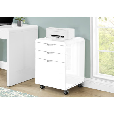 File Cabinet, Rolling Mobile, Storage Drawers, Printer Stand, Office, Work, Laminate, Glossy White by Inbox Zero