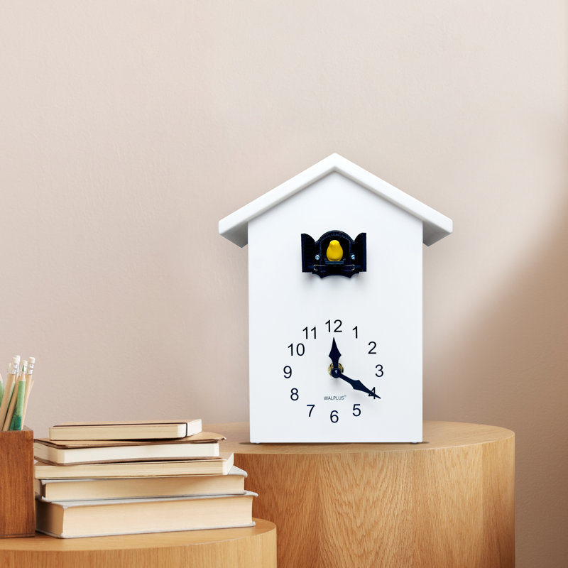 Analog Battery-Operated Alarm Tabletop Cuckoo Clock, White/Vintage Brown Window