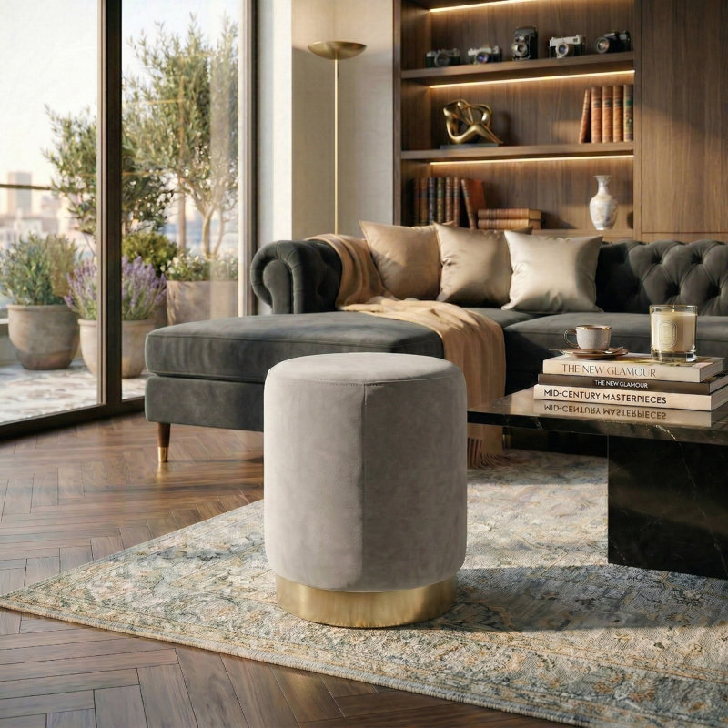 Skye Velvet Ottoman, Light Gray