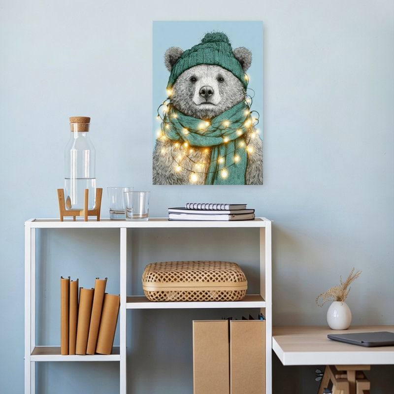 Cozy Winter Bear Whimsical Contemporary Bear Portrait Wildlife Wall Art Print 1 Piece Wrapped Canvas Wall Art