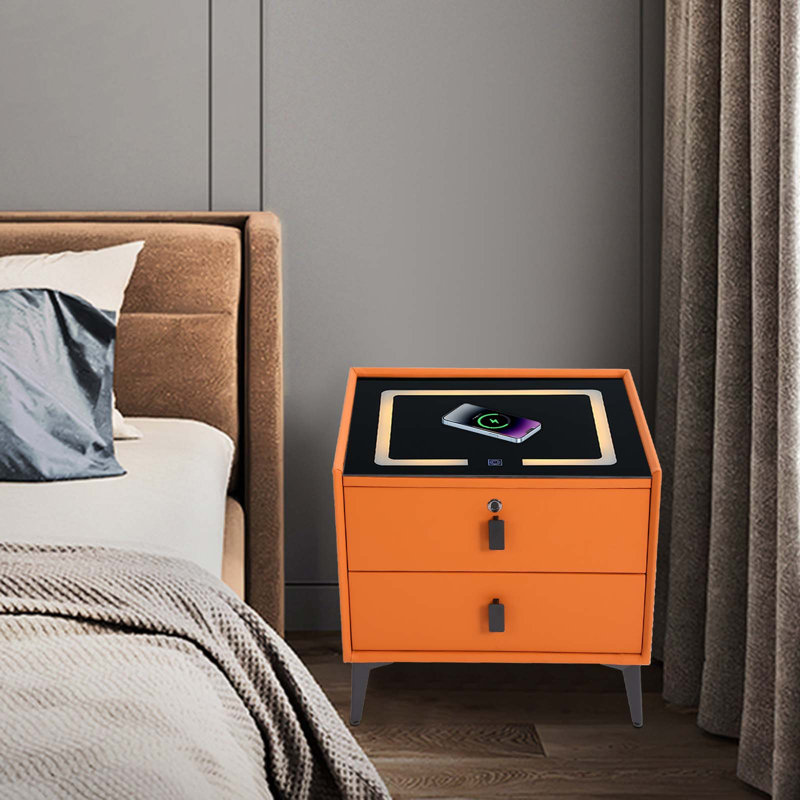 Smart Bedside Table with 2 Drawers, Bluetooth Speaker, Wireless Charging Station, USB Ports, LED Light and Fingerprint Lock, Modern Nightstand 19.70" W x 15.75" D x 18.11" H