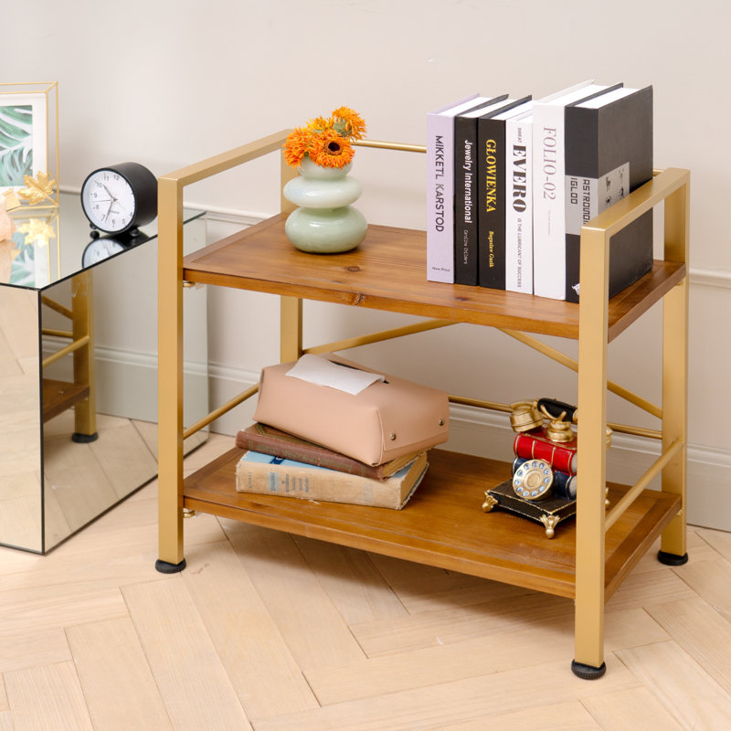 Iron Solid Wood Etagere Bookcase, Gold, (2 Shelves ) 22.8" H x 23.6" W x 12.6" D
