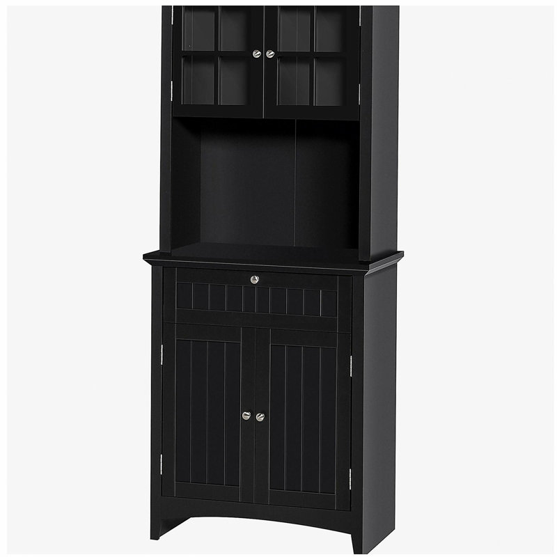 Élégante armoire latérale avec garde-robe, armoire de rangement de cuisine, avec porte en verre encadrée et espace pour four à micro-ondes, noir