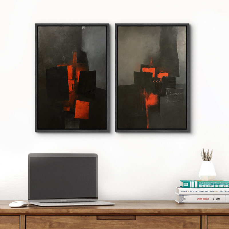 Art mural abstrait, ensemble de 2 reproductions d'art encadrées sur toile, H 24 po x l 32 po, Noir
