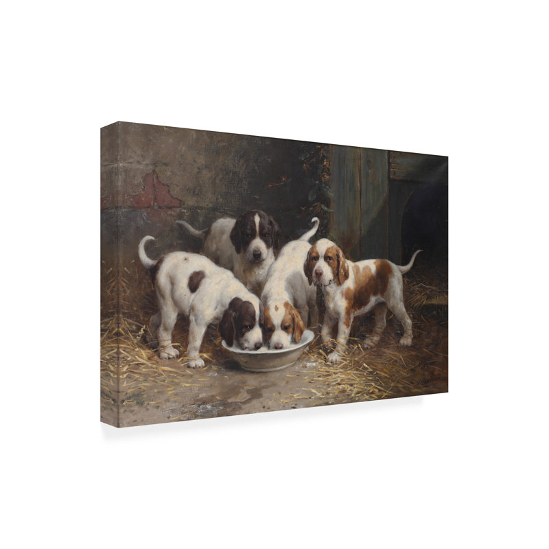 Chiots Saint-Bernard buvant du lait par Otto Eerelman, H 12 po x l 19 po x P 2 po