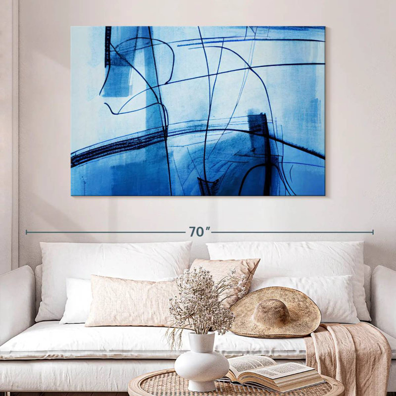 Lignes bleues abstraites, H 34 po x l 51 po