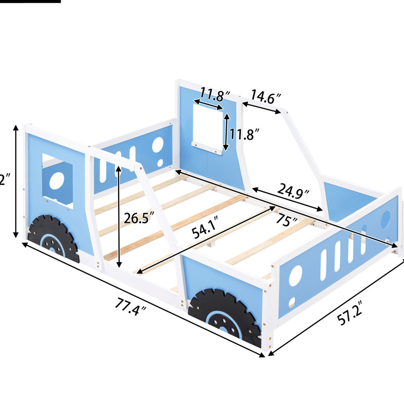Lit bleu en forme de voiture pleine grandeur avec roulettes - Fabrication en bois de pin et fenêtres de conception de voiture pour rails à lattes prêts pour le matelas Allure