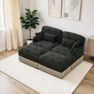 Comfy Chenille Leopard Print Loveseat Sofa,Delicate Tassel Edge,Deep Seat Sofa Couch with Movable Ottomans,Modern Fashion Style,Ergonomic Bottom Design, Easy Assembly,for Living Room